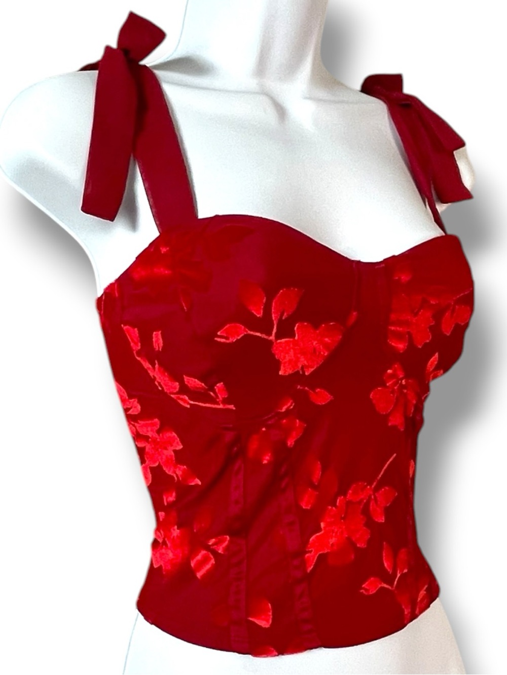Red Floral Tie-Shoulder Bustier Camisole Top